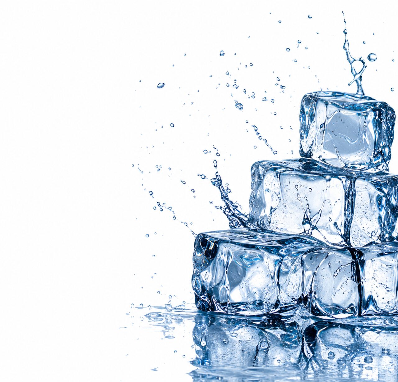 Crystal-clear ice cubes with a fresh water splash