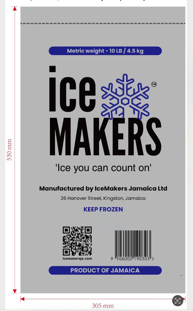 Ice Makers JA's new custom-printed 10-pound tube ice bags, designed in-house by Shyaine Scott and printed by Raybo Ice Bags